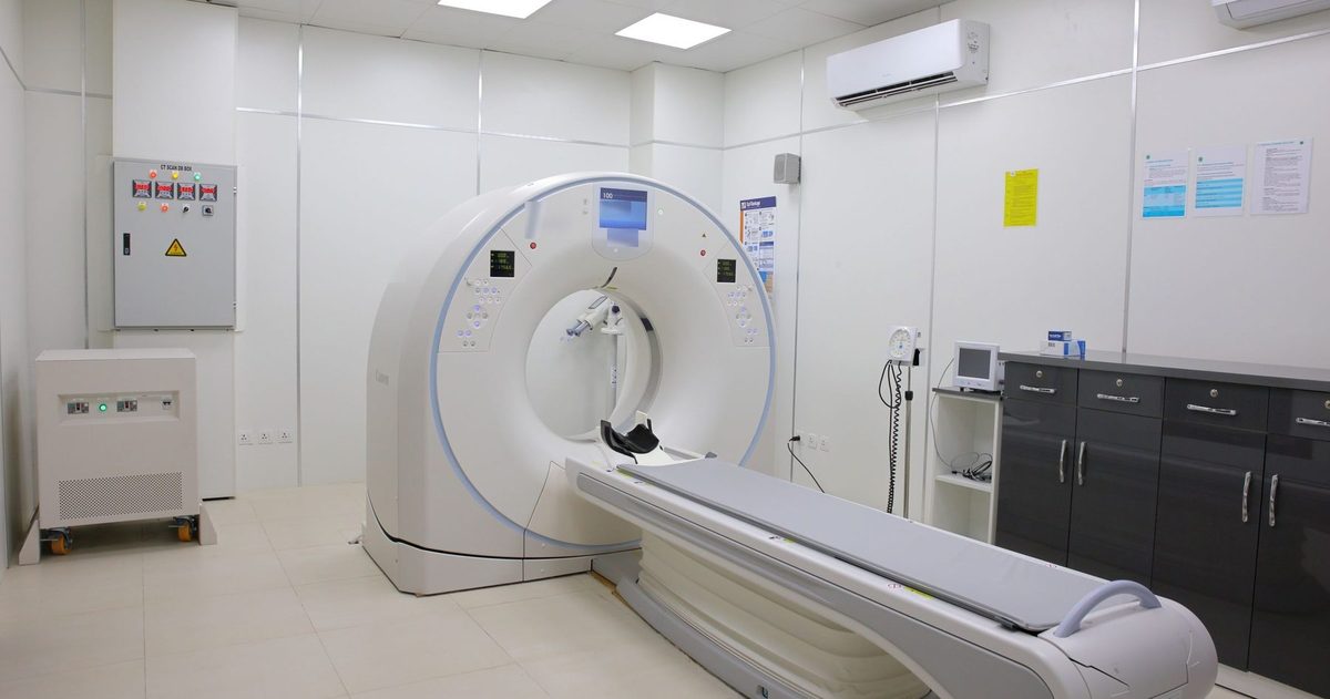 A CT scanner room in a hospital imaging department